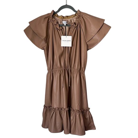Olivia James The Label NEW Tinsley Faux Leather Tiered Ruffle Mini Dress Caramel - Picture 2 of 8
